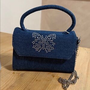 Denim Blue Handbag with Rhinestone Butterfly
